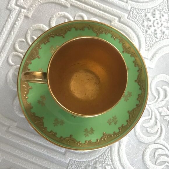 Coalport England Green Gold Gilt Embossed Trim Floral Demitasse Cup & Saucer Set - Picture 3 of 16